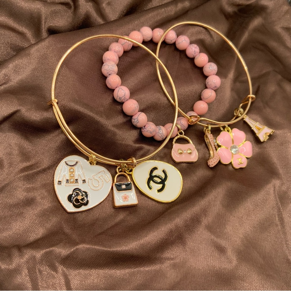 Set of 3 Handmade Pink Two Bangles One Beaded Bracelets